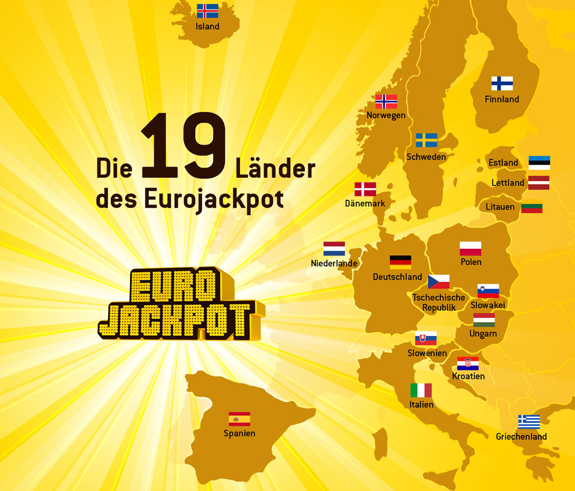 Europakarte mit allen Ländern, die beim Eurojackpot teilnehmen