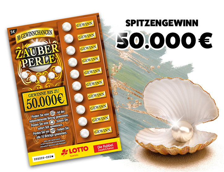 Schriftzug Zauberperle vor einer Austernperle vor orangefarbenem Samthintergrund