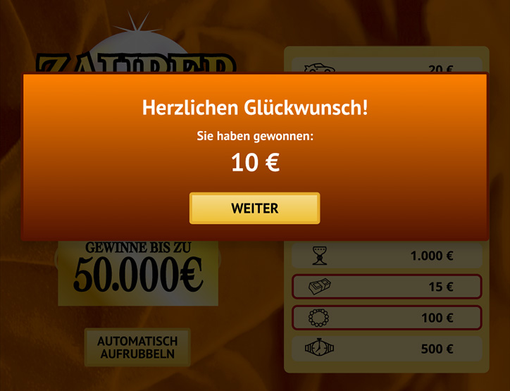 Online Rubbellos Zauberperle Ansicht bei Gewinn
