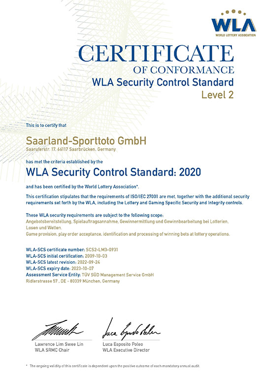 WLA Zertifikat Saarland-Sporttoto GmbH