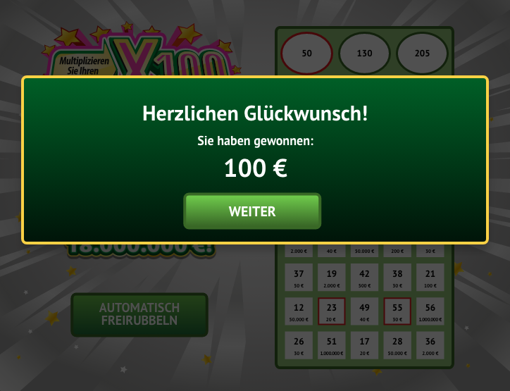 Online Rubbellos X100 du hast gewonnen Grafik